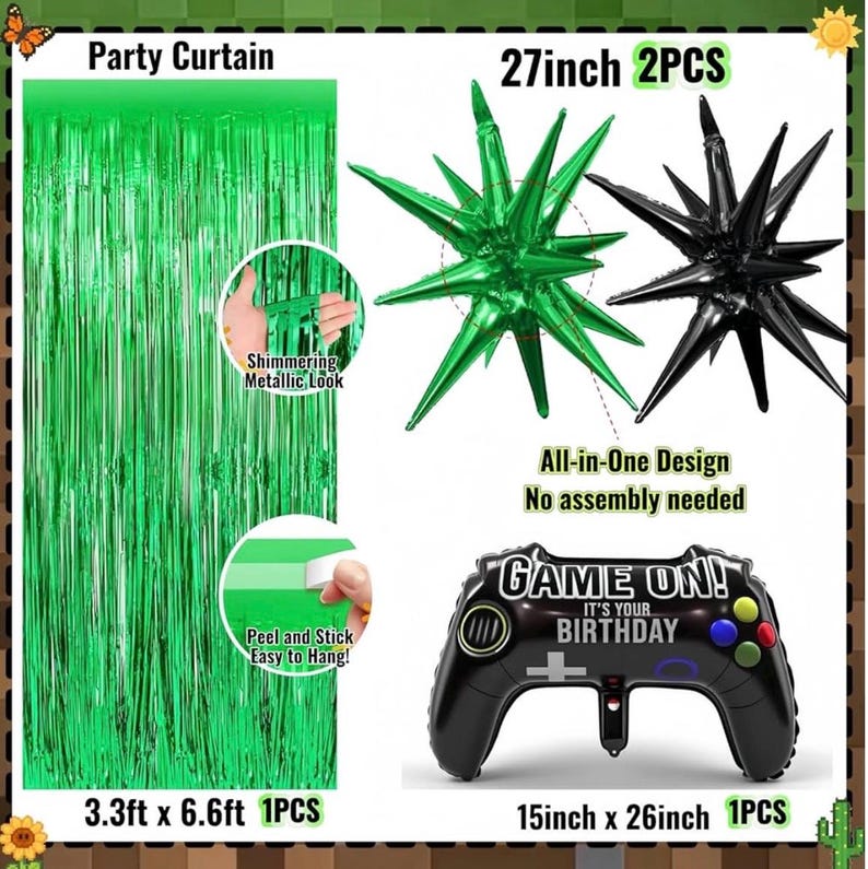 Pixel Game Birthday Party Decorations for Boys, Green Black Balloon Garland Kit with Backdrop, Tablecloth, Foil Stars & TNT Print Balloons