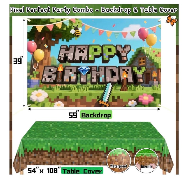 Pixel Game Birthday Party Decorations for Boys, Green Black Balloon Garland Kit with Backdrop, Tablecloth, Foil Stars & TNT Print Balloons