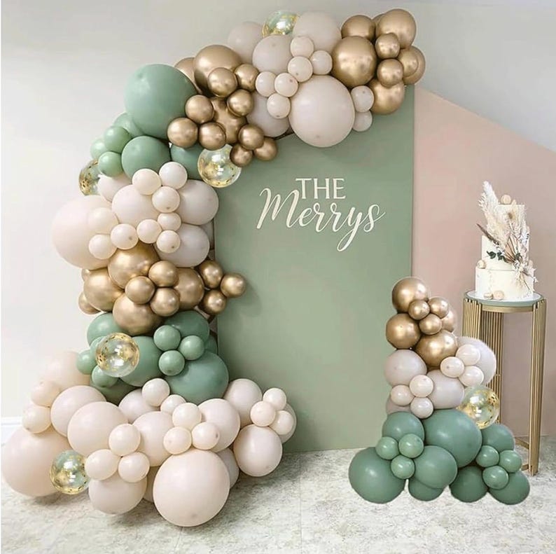 Sage Green White Sand Balloon Arch Kit, Green Beige Gold Metallic Balloons Garland Kit with Gold Confetti Balloons for Birthday Wedding