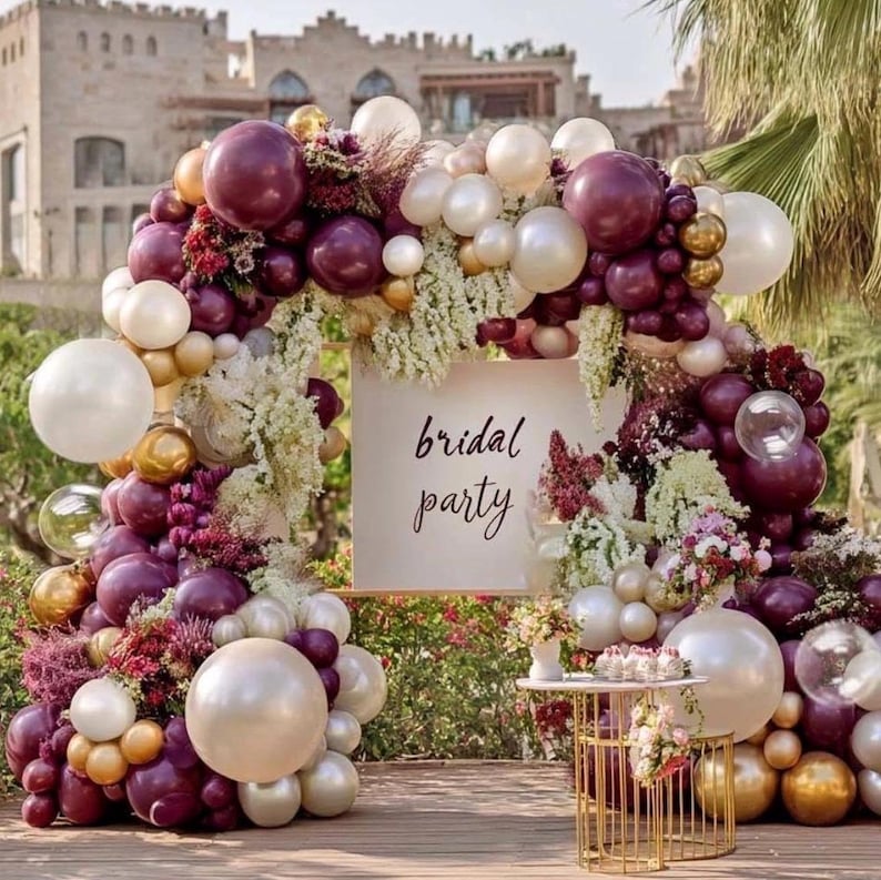 Dark Purple White Balloon Arch Kit, Double Stuffed Plum Burgundy Pearl White Sand Gold Balloon Garland with Clear Bobo Latex for Birthday