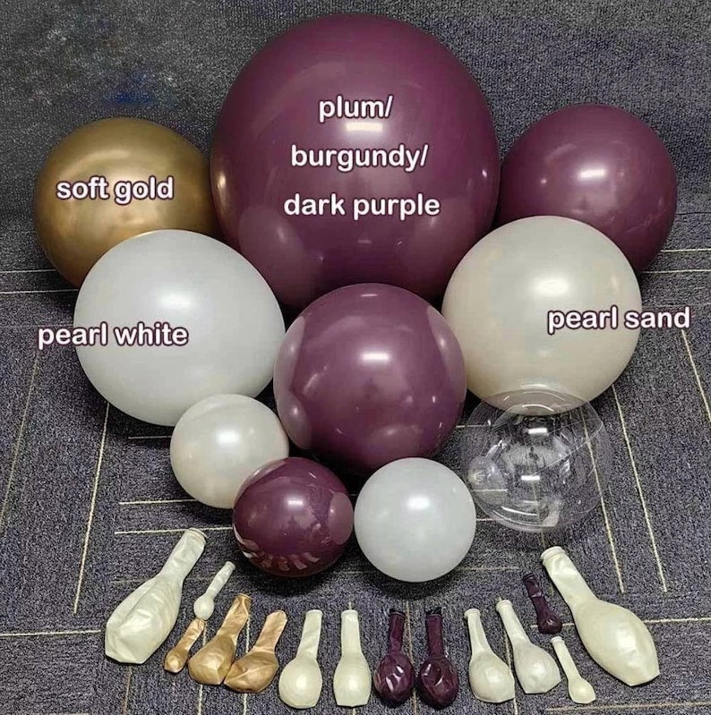 Dark Purple White Balloon Arch Kit, Double Stuffed Plum Burgundy Pearl White Sand Gold Balloon Garland with Clear Bobo Latex for Birthday