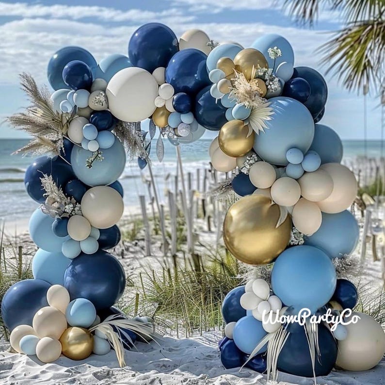 Navy Blue Balloon Garland Double Stuffed Dusty Blue White Sand Balloons Slate Blue Beige Cream Balloon Arch Kit Metallic Gold Balloons