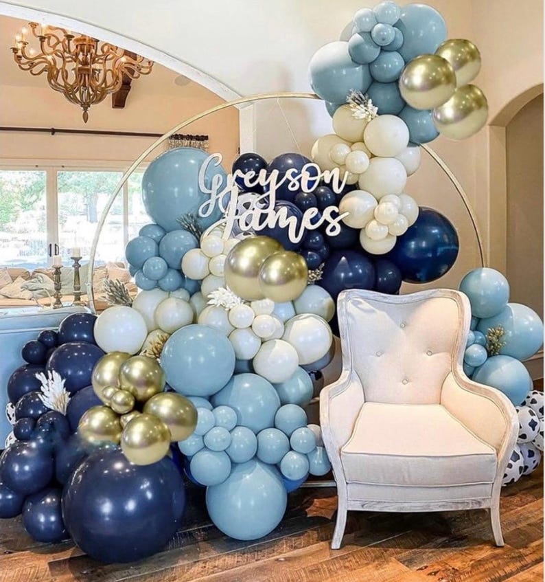 Navy Blue Balloon Garland Double Stuffed Dusty Blue White Sand Balloons Slate Blue Beige Cream Balloon Arch Kit Metallic Gold Balloons
