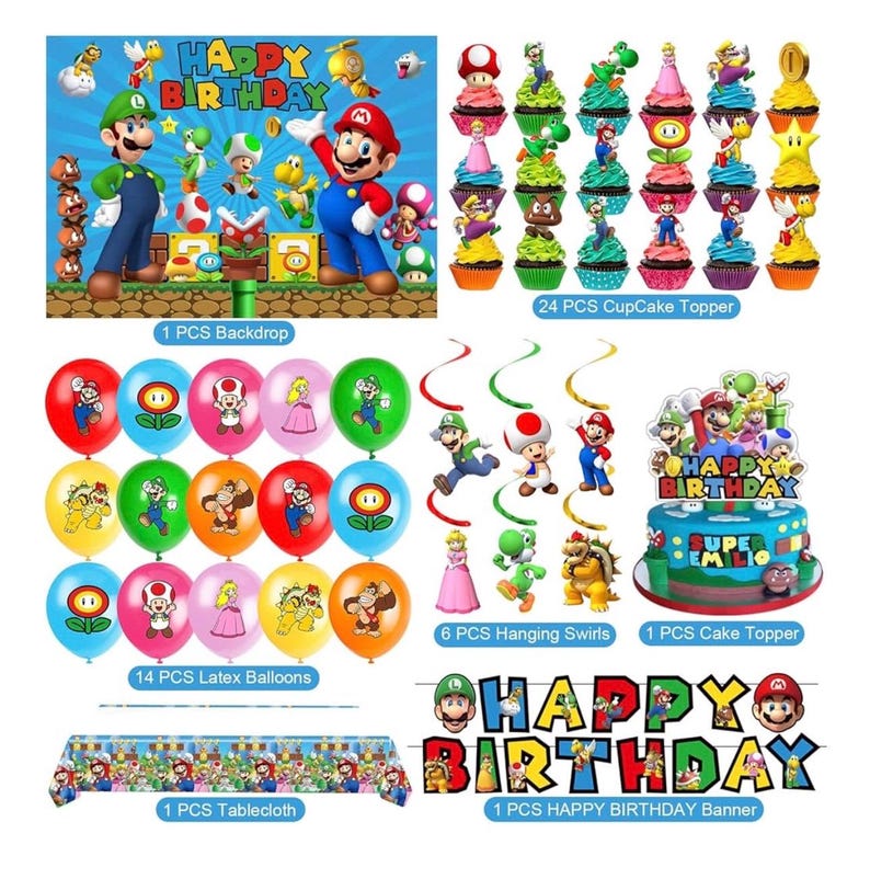 Mario Birthday Party Supplies, Party Decorations Set Include Banner, Backdrop, Balloons, Hanging Swirls, Cake Cupcake Toppers, Tablecloth …
