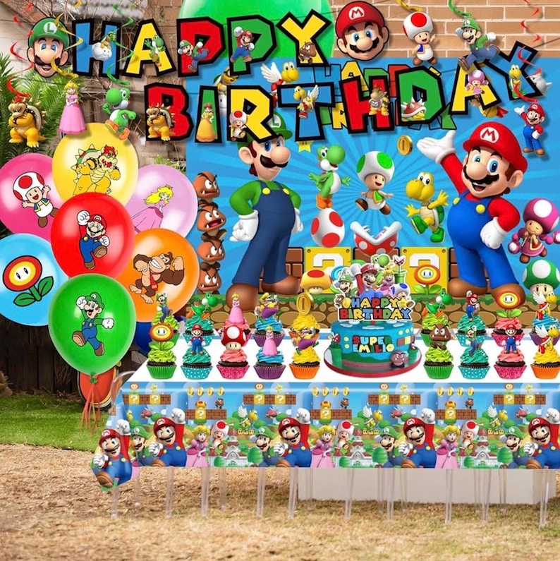 Mario Birthday Party Supplies, Party Decorations Set Include Banner, Backdrop, Balloons, Hanging Swirls, Cake Cupcake Toppers, Tablecloth …