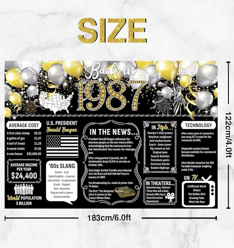39th Birthday Black Gold Party Decoration Back in 1987 Backdrop Large Banner Birthday Party Poster Supplies Vintage 1987 Backdrop