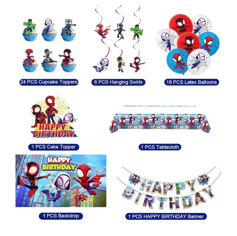Spidey Birthday Decorations, Party Supplies Set Include Banner, Backdrop, Balloons, Hanging Swirls, Cake Cupcake Toppers, Tablecloth for Boy