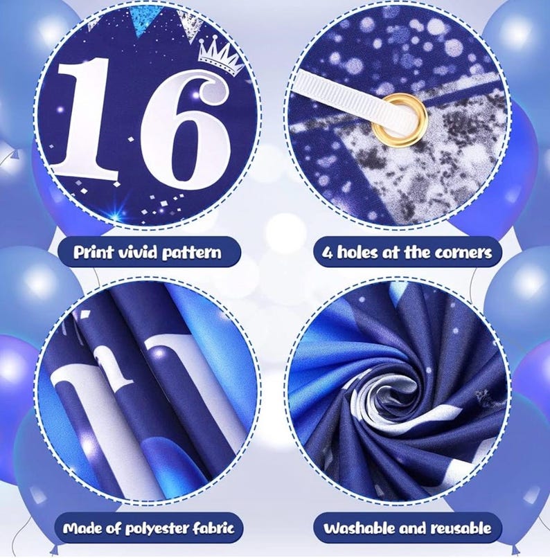 Blue 16th Birthday Decorations for Boys Girls - Navy Blue Silver Happy Banner and Balloons for Anniversary Party Supplies, Sixteen Year Old