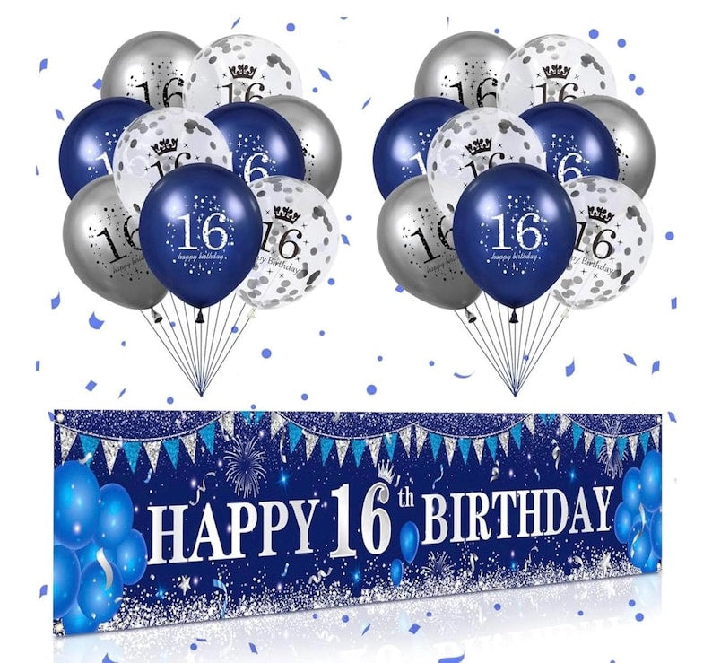 Blue 16th Birthday Decorations for Boys Girls - Navy Blue Silver Happy Banner and Balloons for Anniversary Party Supplies, Sixteen Year Old