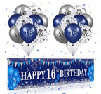 Blue 16th Birthday Decorations for Boys Girls - Navy Blue Silver Happy Banner and Balloons for Anniversary Party Supplies, Sixteen Year Old