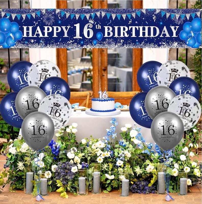 Blue 16th Birthday Decorations for Boys Girls - Navy Blue Silver Happy Banner and Balloons for Anniversary Party Supplies, Sixteen Year Old