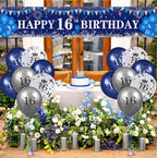 Blue 16th Birthday Decorations for Boys Girls - Navy Blue Silver Happy Banner and Balloons for Anniversary Party Supplies, Sixteen Year Old