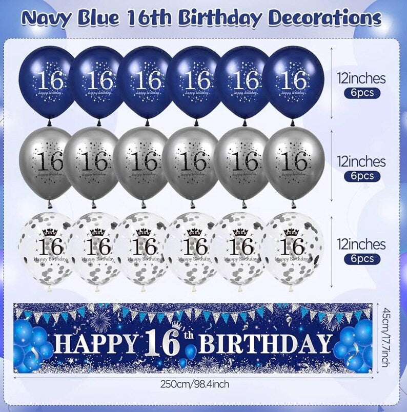 Blue 16th Birthday Decorations for Boys Girls - Navy Blue Silver Happy Banner and Balloons for Anniversary Party Supplies, Sixteen Year Old