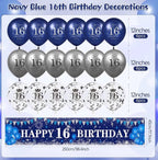 Blue 16th Birthday Decorations for Boys Girls - Navy Blue Silver Happy Banner and Balloons for Anniversary Party Supplies, Sixteen Year Old