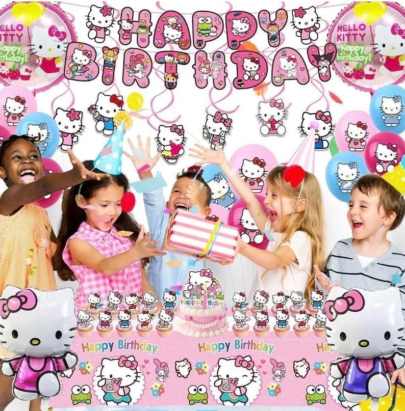 Kitty Birthday Party Decorations Set, with Banner, Balloons, Cake Topper, Cupcake Toppers, Hanging Swirls, Tablecloth - 49pcs