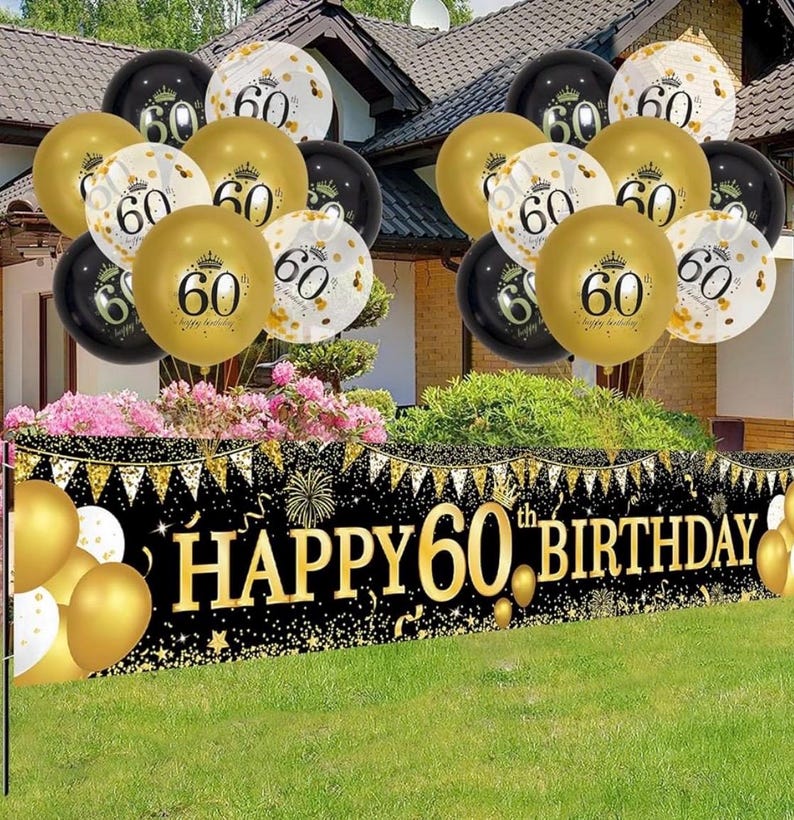 60th Birthday Decorations - Black Gold 60th Birthday Banner and Balloons for Party Decor, Cheers to 60 Years