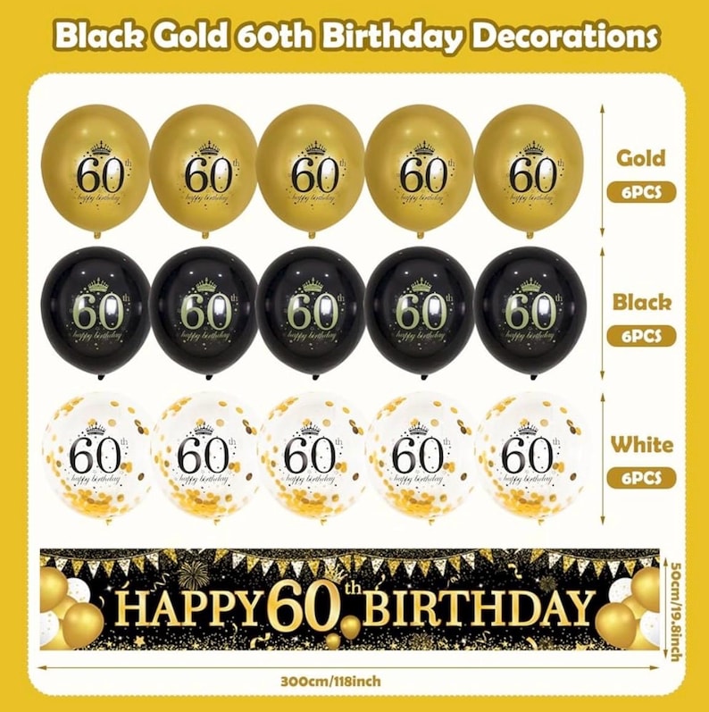 60th Birthday Decorations - Black Gold 60th Birthday Banner and Balloons for Party Decor, Cheers to 60 Years
