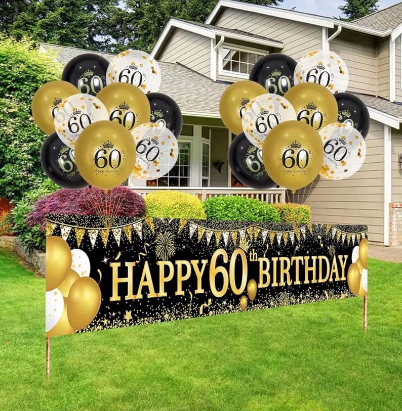 60th Birthday Decorations - Black Gold 60th Birthday Banner and Balloons for Party Decor, Cheers to 60 Years