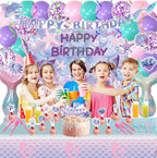 154 Pcs Mermaid Birthday Party Supplies - Mermaid Party Decorations Included Backdrop, Banner, Tablecloth, Hanging Swirls, Cupcake Toppers