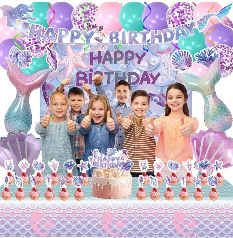 154 Pcs Mermaid Birthday Party Supplies - Mermaid Party Decorations Included Backdrop, Banner, Tablecloth, Hanging Swirls, Cupcake Toppers