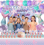 154 Pcs Mermaid Birthday Party Supplies - Mermaid Party Decorations Included Backdrop, Banner, Tablecloth, Hanging Swirls, Cupcake Toppers