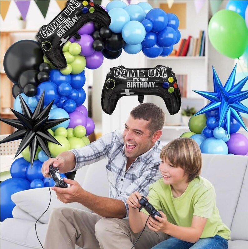 Video Game Balloon Arch Garland Kit, Blue Purple Green Black Party Balloons with 2 pcs Game Handle Foil Balloons for Video Game Theme Bday