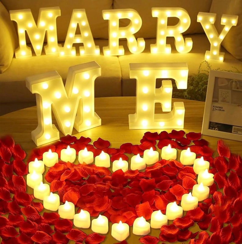 Proposal Decorations Set - Marry Me Light Up Letters with 24 Romantic LED Candles, 2000 Pcs Rose Petals, Red Carpet Aisle Runner 16 Feet