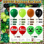 Pixel Game Birthday Party Decorations for Boys, Green Black Balloon Garland Kit with Backdrop, Tablecloth, Foil Stars & TNT Print Balloons