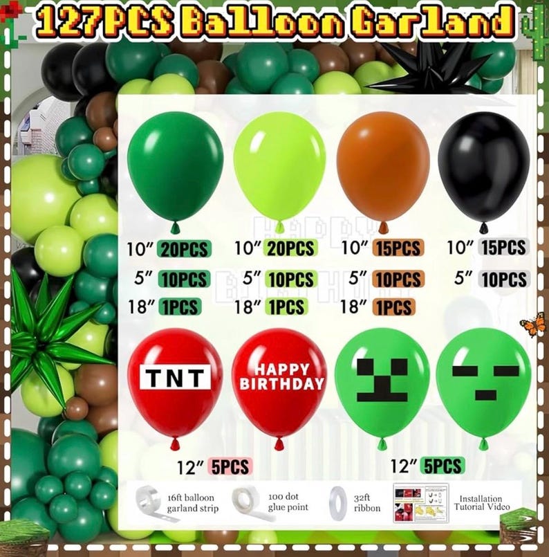 Pixel Game Birthday Party Decorations for Boys, Green Black Balloon Garland Kit with Backdrop, Tablecloth, Foil Stars & TNT Print Balloons