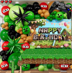Pixel Game Birthday Party Decorations for Boys, Green Black Balloon Garland Kit with Backdrop, Tablecloth, Foil Stars & TNT Print Balloons