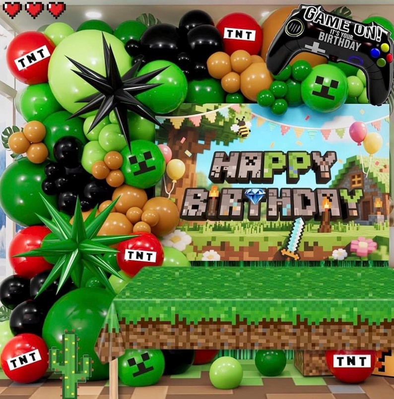 Pixel Game Birthday Party Decorations for Boys, Green Black Balloon Garland Kit with Backdrop, Tablecloth, Foil Stars & TNT Print Balloons