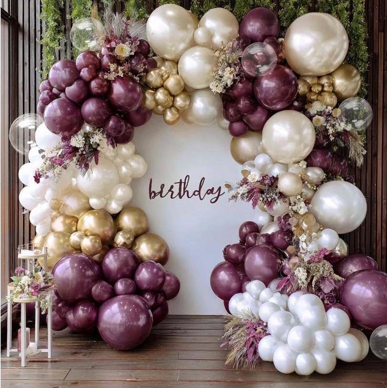 Dark Purple White Balloon Arch Kit, Double Stuffed Plum Burgundy Pearl White Sand Gold Balloon Garland with Clear Bobo Latex for Birthday