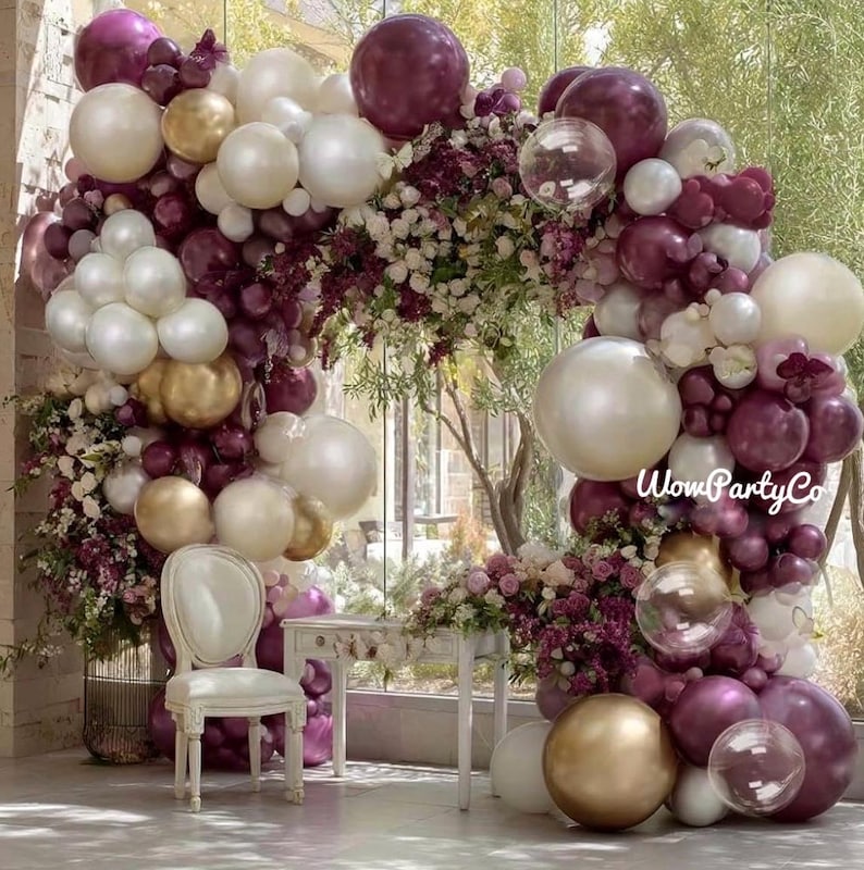 Dark Purple White Balloon Arch Kit, Double Stuffed Plum Burgundy Pearl White Sand Gold Balloon Garland with Clear Bobo Latex for Birthday