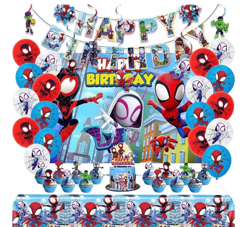 Spidey Birthday Decorations, Party Supplies Set Include Banner, Backdrop, Balloons, Hanging Swirls, Cake Cupcake Toppers, Tablecloth for Boy