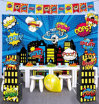 17Pcs Super Theme Hero Party Photography Backdrop for Hero Birthday Decorations with Hero Background Skyscraper City Boxes Hero Super Banner