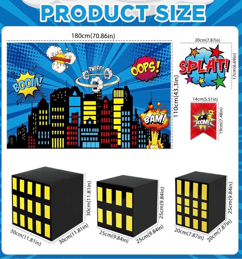 17Pcs Super Theme Hero Party Photography Backdrop for Hero Birthday Decorations with Hero Background Skyscraper City Boxes Hero Super Banner