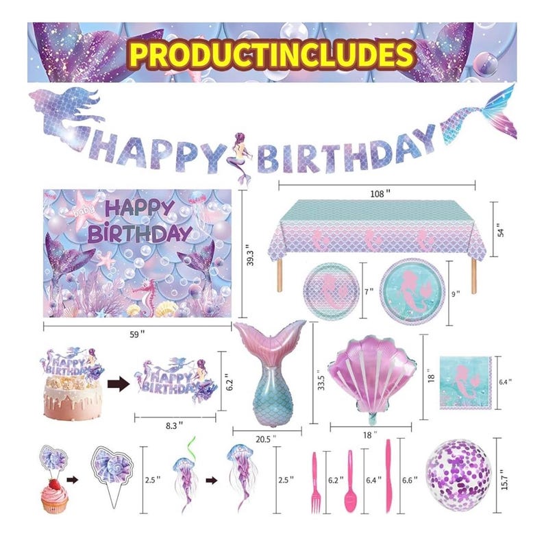 154 Pcs Mermaid Birthday Party Supplies - Mermaid Party Decorations Included Backdrop, Banner, Tablecloth, Hanging Swirls, Cupcake Toppers