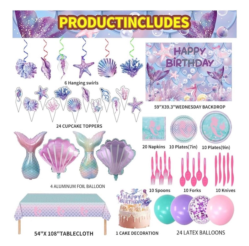 154 Pcs Mermaid Birthday Party Supplies - Mermaid Party Decorations Included Backdrop, Banner, Tablecloth, Hanging Swirls, Cupcake Toppers