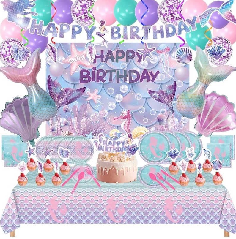 154 Pcs Mermaid Birthday Party Supplies - Mermaid Party Decorations Included Backdrop, Banner, Tablecloth, Hanging Swirls, Cupcake Toppers