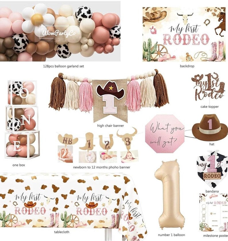 My 1st Rodeo Birthday Decorations Girl, Western Cowgirl First Birthday Party Supplies, Cowgirl Balloon Arch, Backdrop, High Chair Banner…