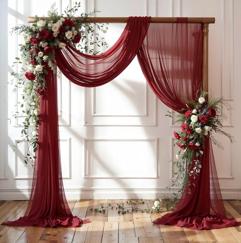 Wedding Arch Draping Fabric, 1 Panel 18FT Burgundy Sheer Backdrop Curtain Chiffon Fabric Drapery Voile Scarf Draping Panels for Wedding Arch