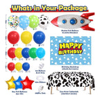 154Pcs Toy Inspired Story Birthday Party Decorations Supplies for Kids Teen, Balloon Arch with Backdrop Tablecloth Cow Print Balloons Star