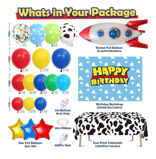 154Pcs Toy Inspired Story Birthday Party Decorations Supplies for Kids Teen, Balloon Arch with Backdrop Tablecloth Cow Print Balloons Star