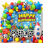 154Pcs Toy Inspired Story Birthday Party Decorations Supplies for Kids Teen, Balloon Arch with Backdrop Tablecloth Cow Print Balloons Star