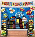 17Pcs Super Theme Hero Party Photography Backdrop for Hero Birthday Decorations with Hero Background Skyscraper City Boxes Hero Super Banner