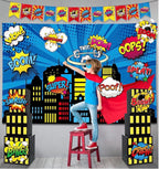 17Pcs Super Theme Hero Party Photography Backdrop for Hero Birthday Decorations with Hero Background Skyscraper City Boxes Hero Super Banner