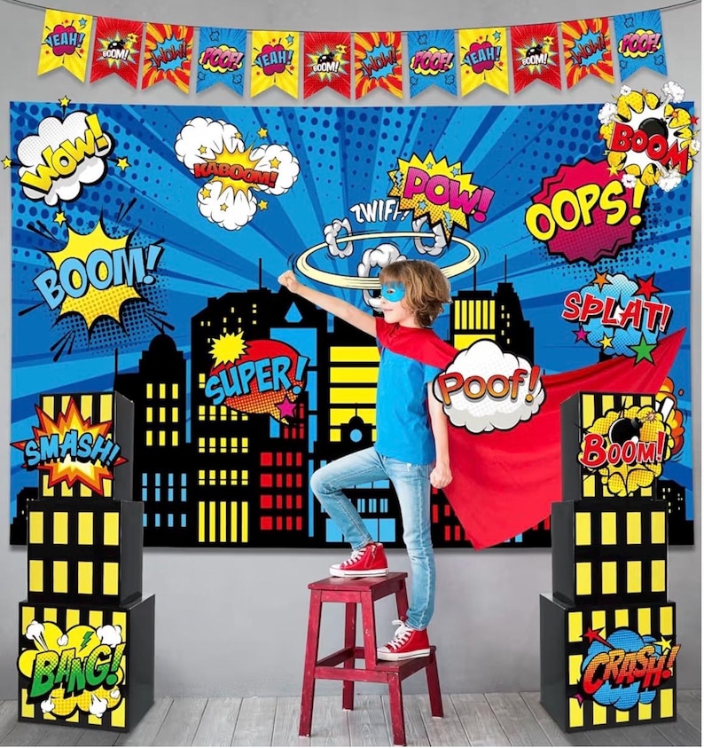 17Pcs Super Theme Hero Party Photography Backdrop for Hero Birthday Decorations with Hero Background Skyscraper City Boxes Hero Super Banner