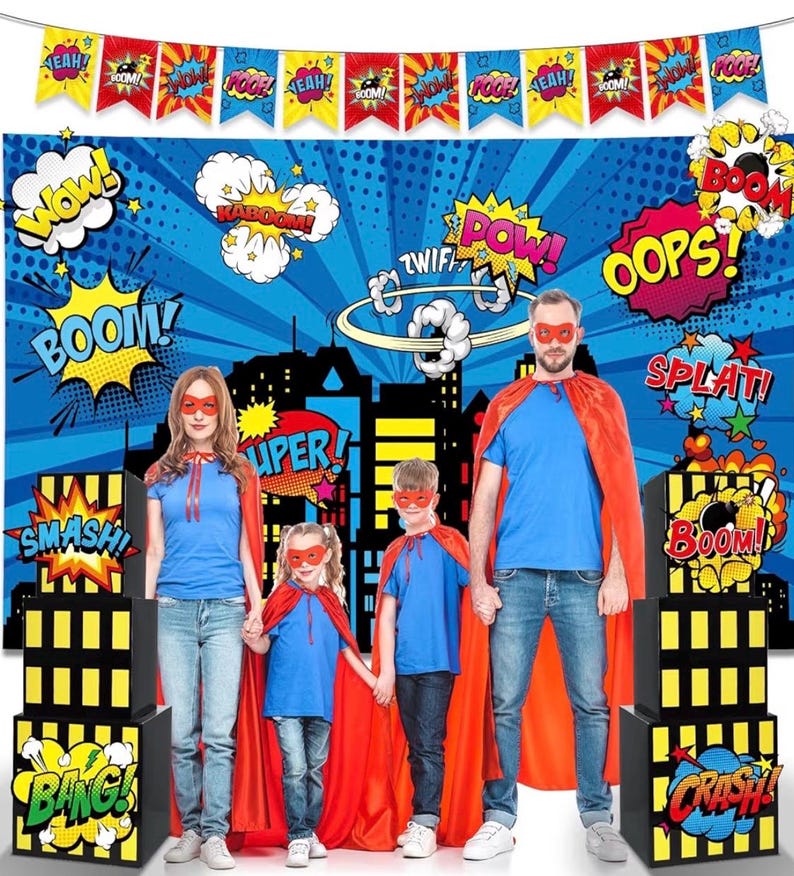 17Pcs Super Theme Hero Party Photography Backdrop for Hero Birthday Decorations with Hero Background Skyscraper City Boxes Hero Super Banner