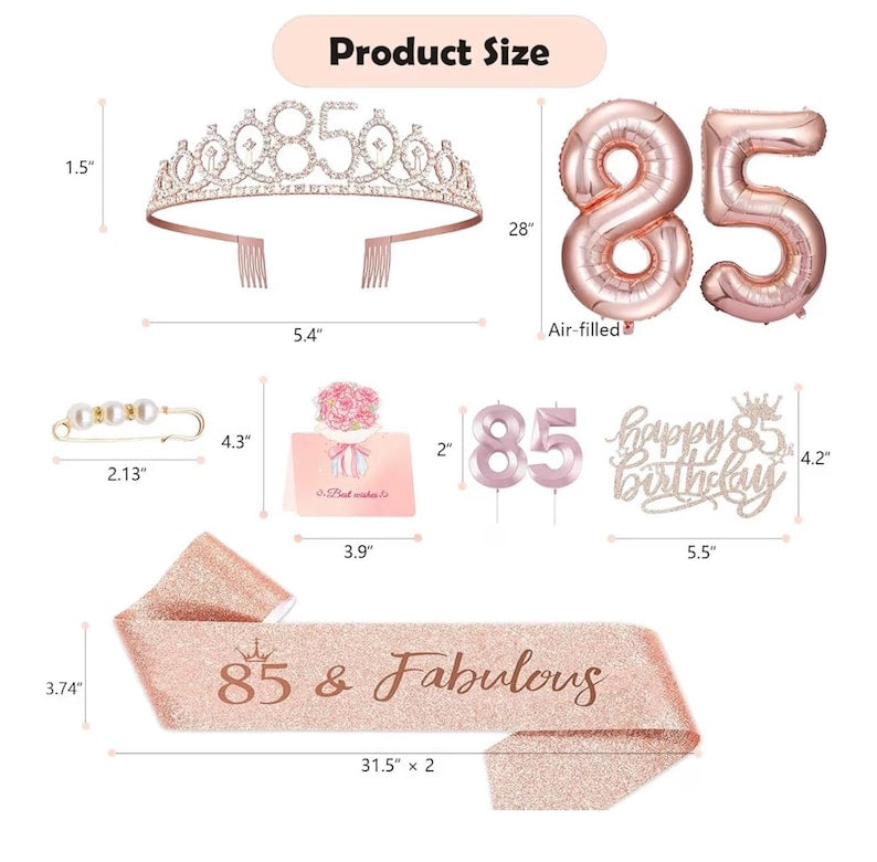85th Birthday Decorations Gift for Her Women,85 year old Birthday Cake Topper, Birthday Queen Sash with Pearl Pin,Rhinestone Tiara Crown Set