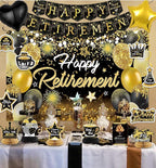 Happy Retirement Party Decorations for Men and Women - Black and Gold Banner, Backdrop Card, Sash, Hanging Swirls, Foil Balloons, Honeycomb